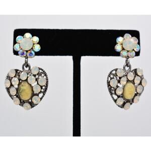 SNK Vintage Crystal Heart Earrings Milk Cabochon Rhinestone Signed 1990s Bin1